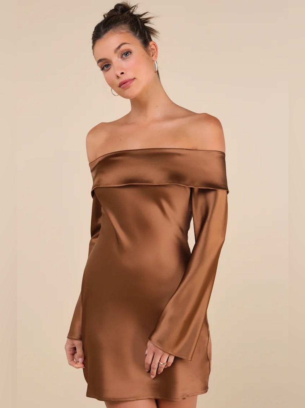 Lulus Luxurious Vision Brown Satin Off-the-Shoulder Mini Dress Size S NWT